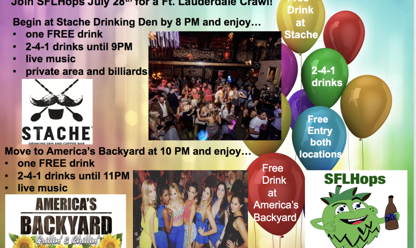 July 28 Ft Lauderdale Mini Bar Crawl, starting at Stache at 8PM